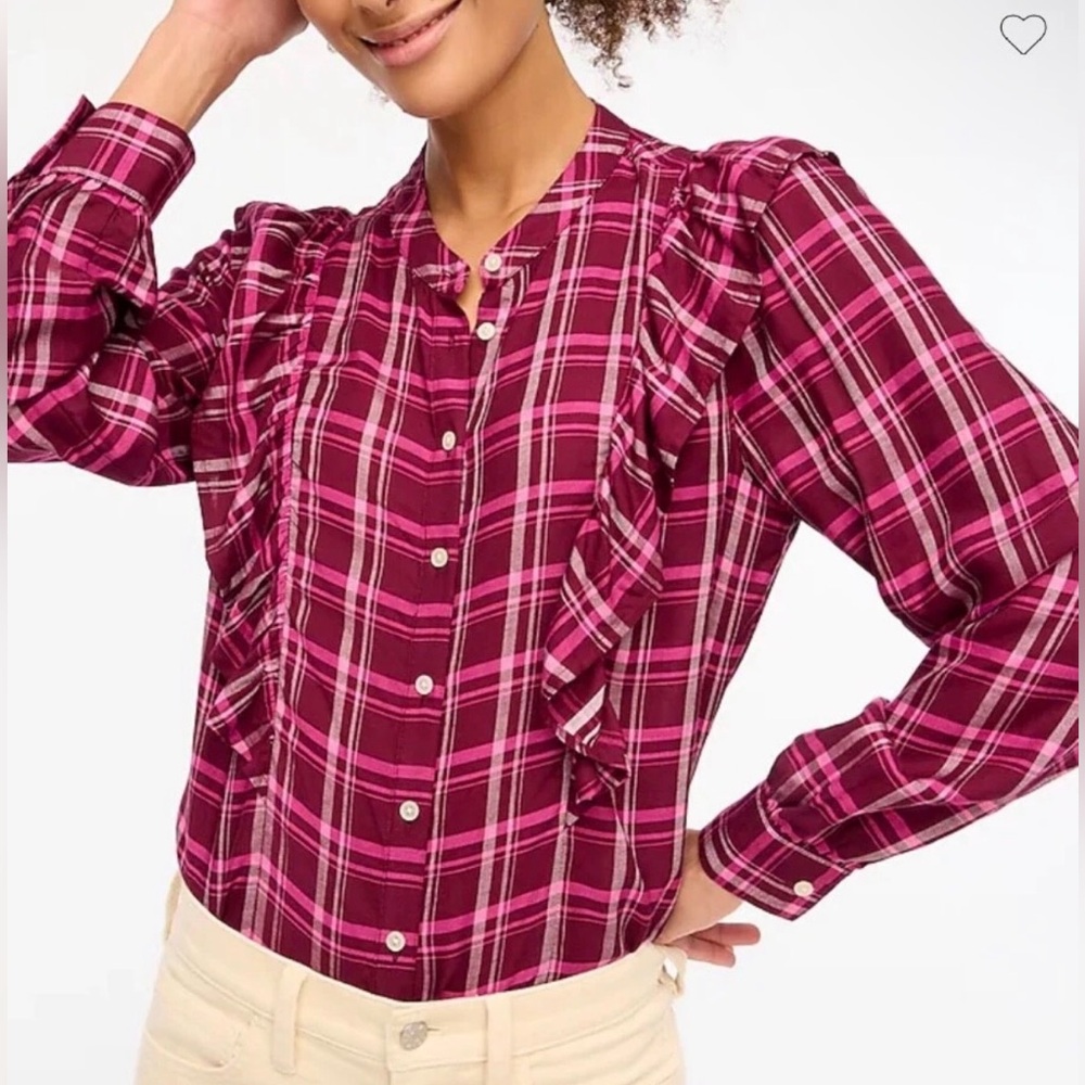 J. Crew Red Burgundy Plaid Ruffle Button Down Blouse Top 2X Office Preppy Boho